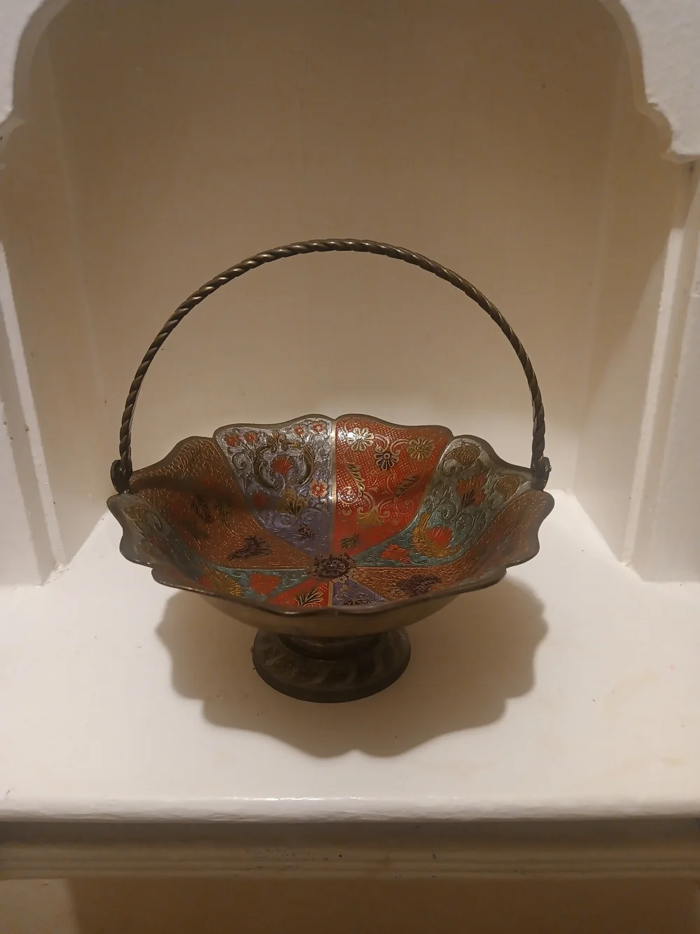 Vintage Brass Cloisonne Pedestal Basket Bowl